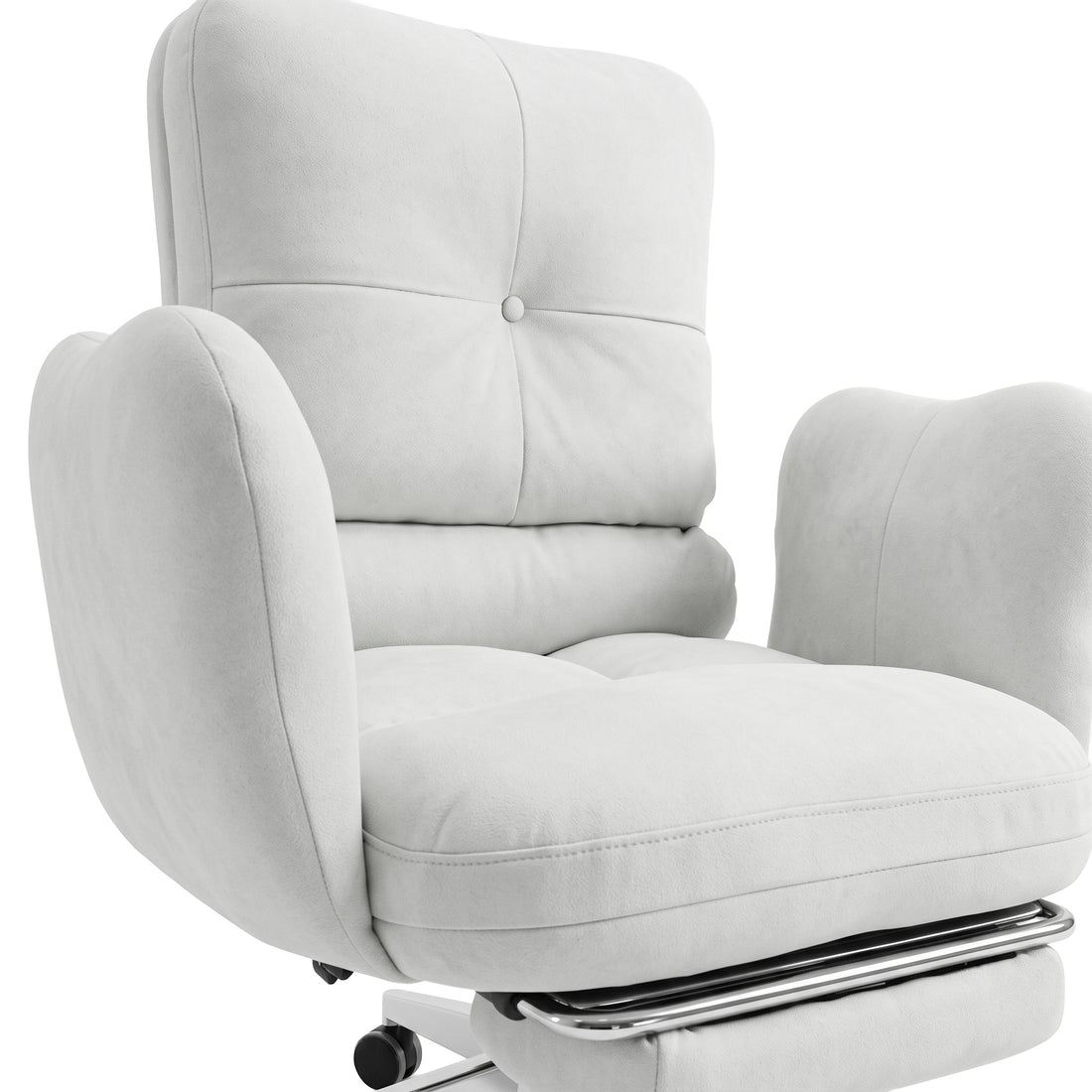 Cushioned light gray swivel chair on white background, slightly cropped at the base