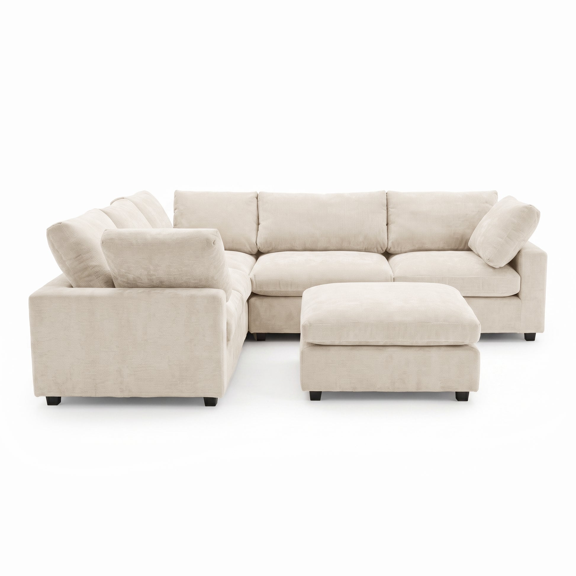 Full beige sectional sofa with ottoman on white background