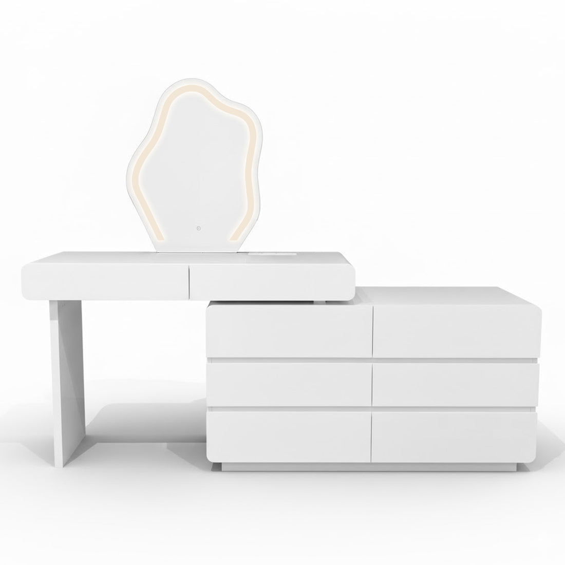 Eloura LED Mirror Dressing Table with Storage in White features a sleek six-drawer dresser, a cantilevered desktop, and a striking LED-bordered cloud mirror for a modern, functional vanity setup.
