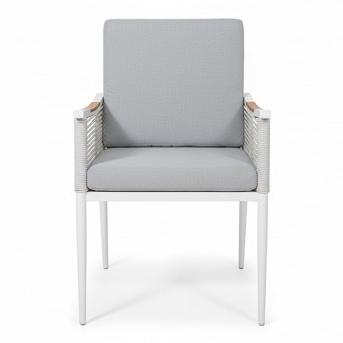 Casara 7 Piece Outdoor Dining Set in White & Grey, featuring a modern armchair with a slim metal frame, rope-wrapped armrests, wooden rail, and boxy light gray cushions. Ideal for stylish outdoor dining.