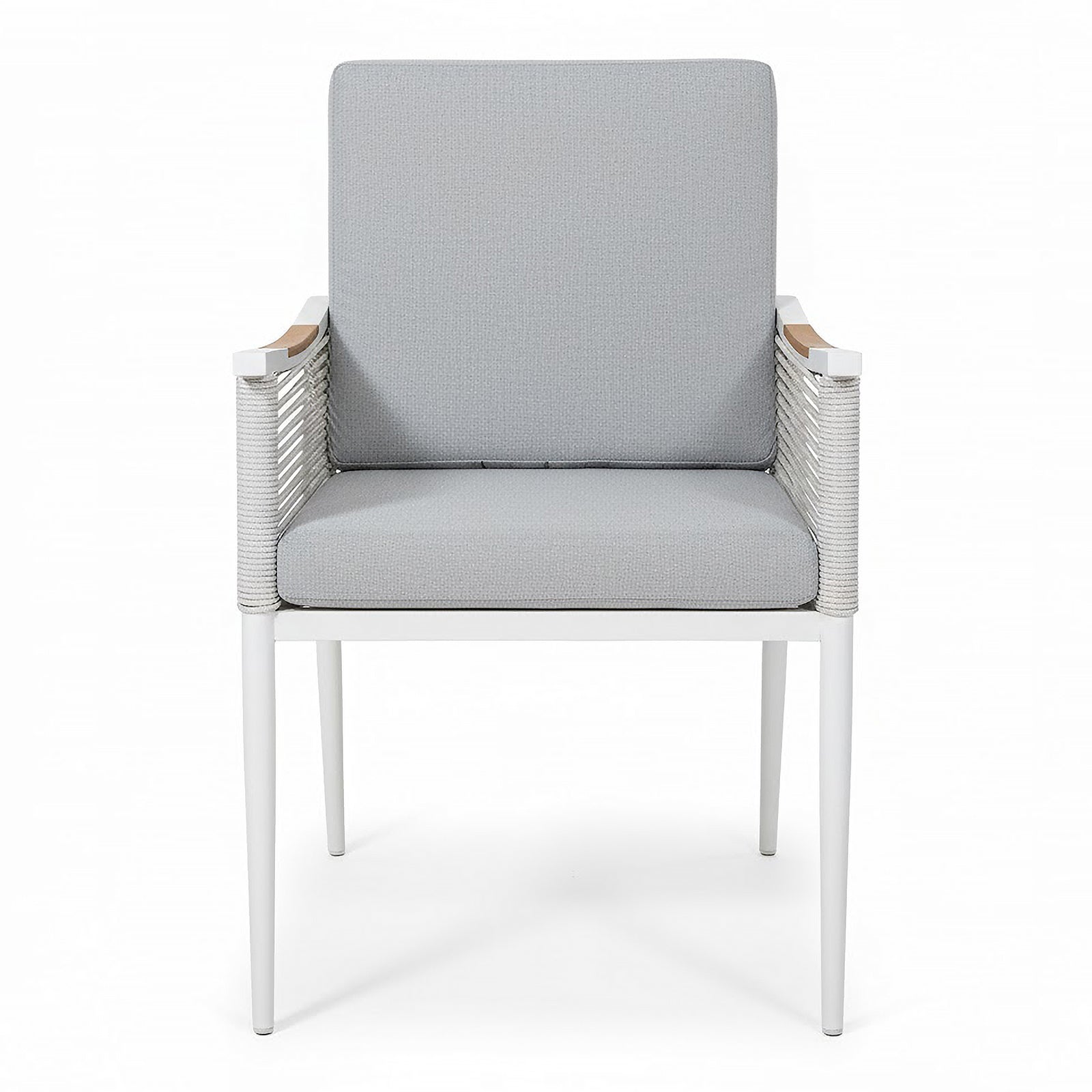 Casara 7 Piece Outdoor Dining Set in White & Grey, featuring a modern armchair with a slim metal frame, rope-wrapped armrests, wooden rail, and boxy light gray cushions. Ideal for stylish outdoor dining.
