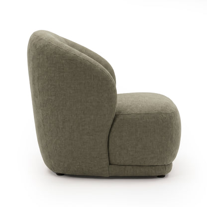 Side view of an moss green upholstered accent chair on a white background