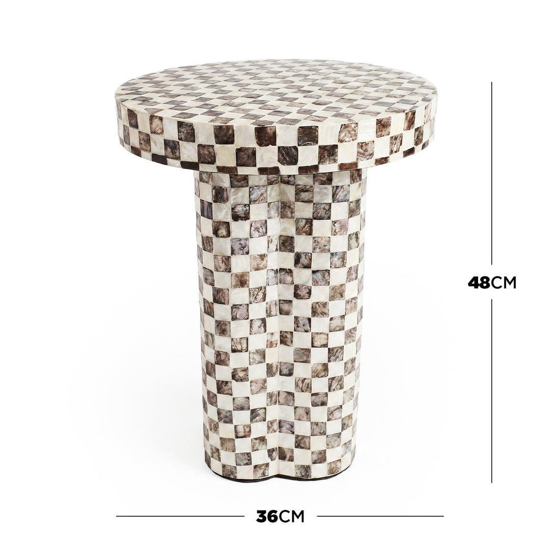 Checkered pedestal table with dimensions marked 48 cm height and 36 cm diameter on white background