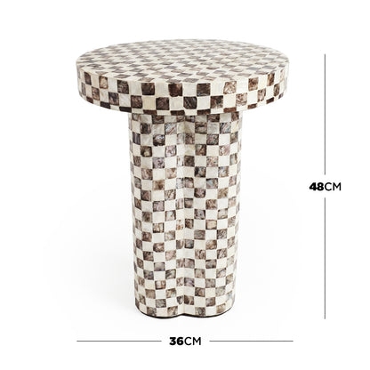 Checkered pedestal table with dimensions marked 48 cm height and 36 cm diameter on white background
