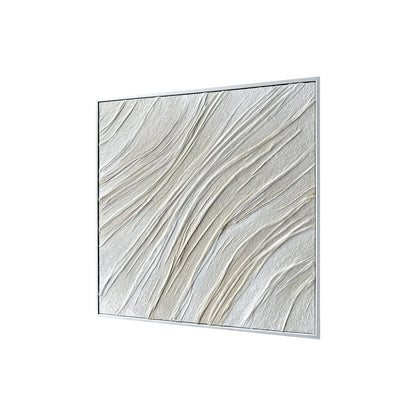 Anya Canvas Wall Art 105 x 105cm in White features textured, sculpted plaster with wave-like ridges on a neutral palette, framed in minimalist white for a modern gallery feel.