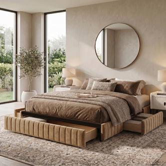 Brown upholstered bed with storage drawers in styled modern bedroom