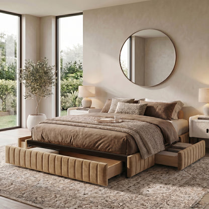Brown upholstered bed with storage drawers in styled modern bedroom