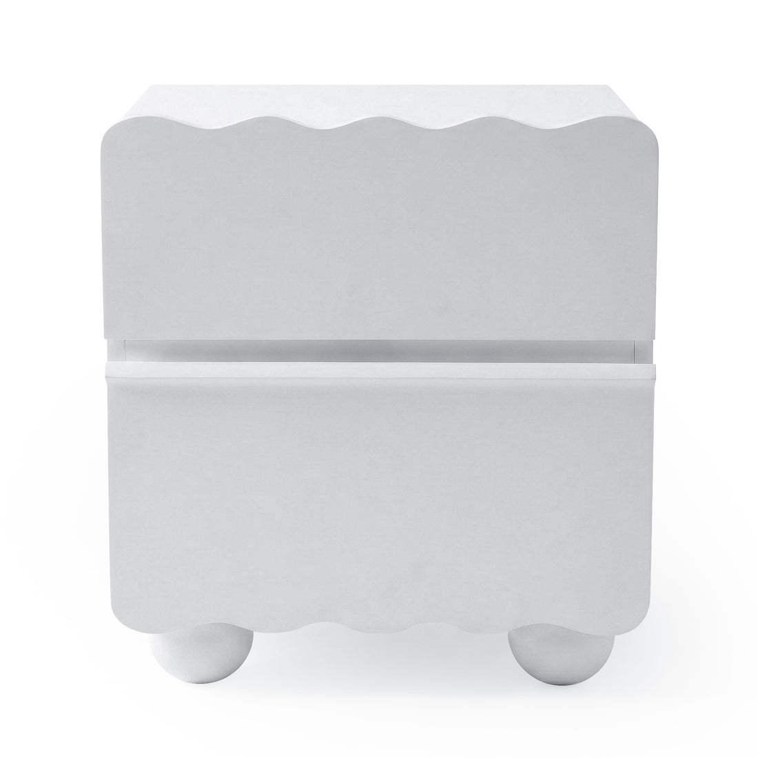 Modern white two-drawer cabinet on white background