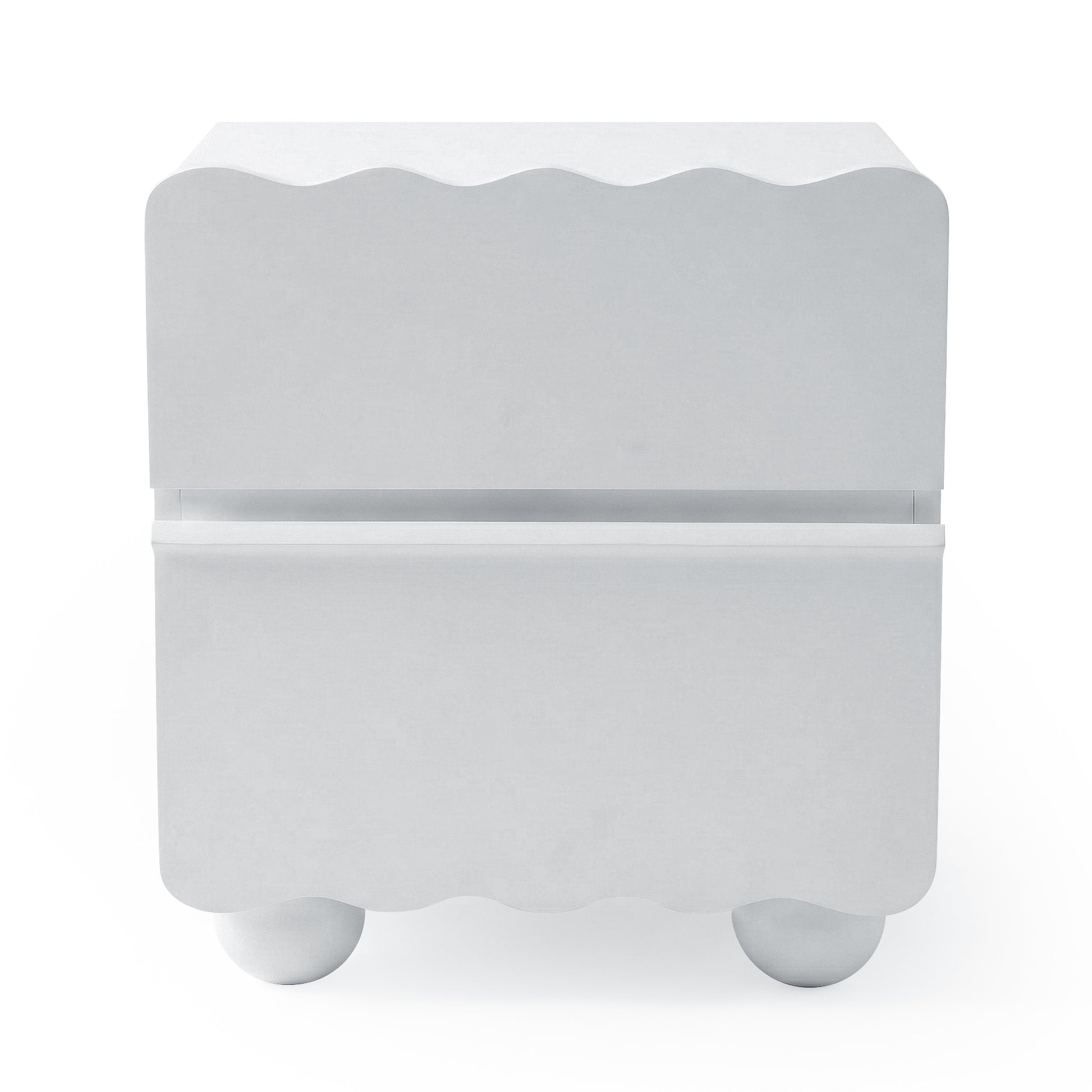 Modern white two-drawer cabinet on white background