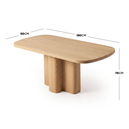 Wooden dining table on white background with dimension markings showing width, length, and height