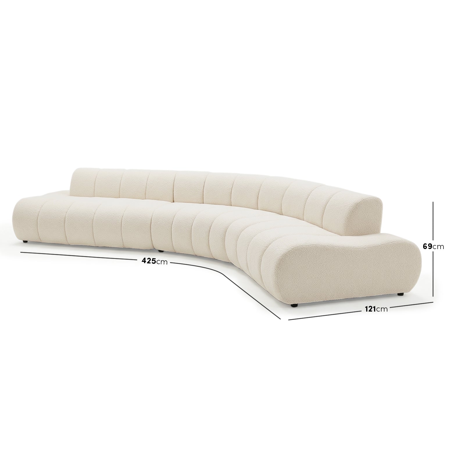 Curved beige sectional sofa with dimensions labeled on white background