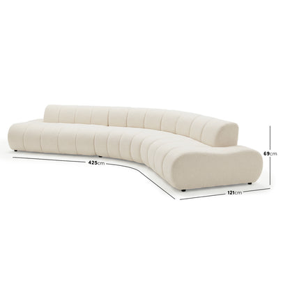 Curved beige sectional sofa with dimensions labeled on white background