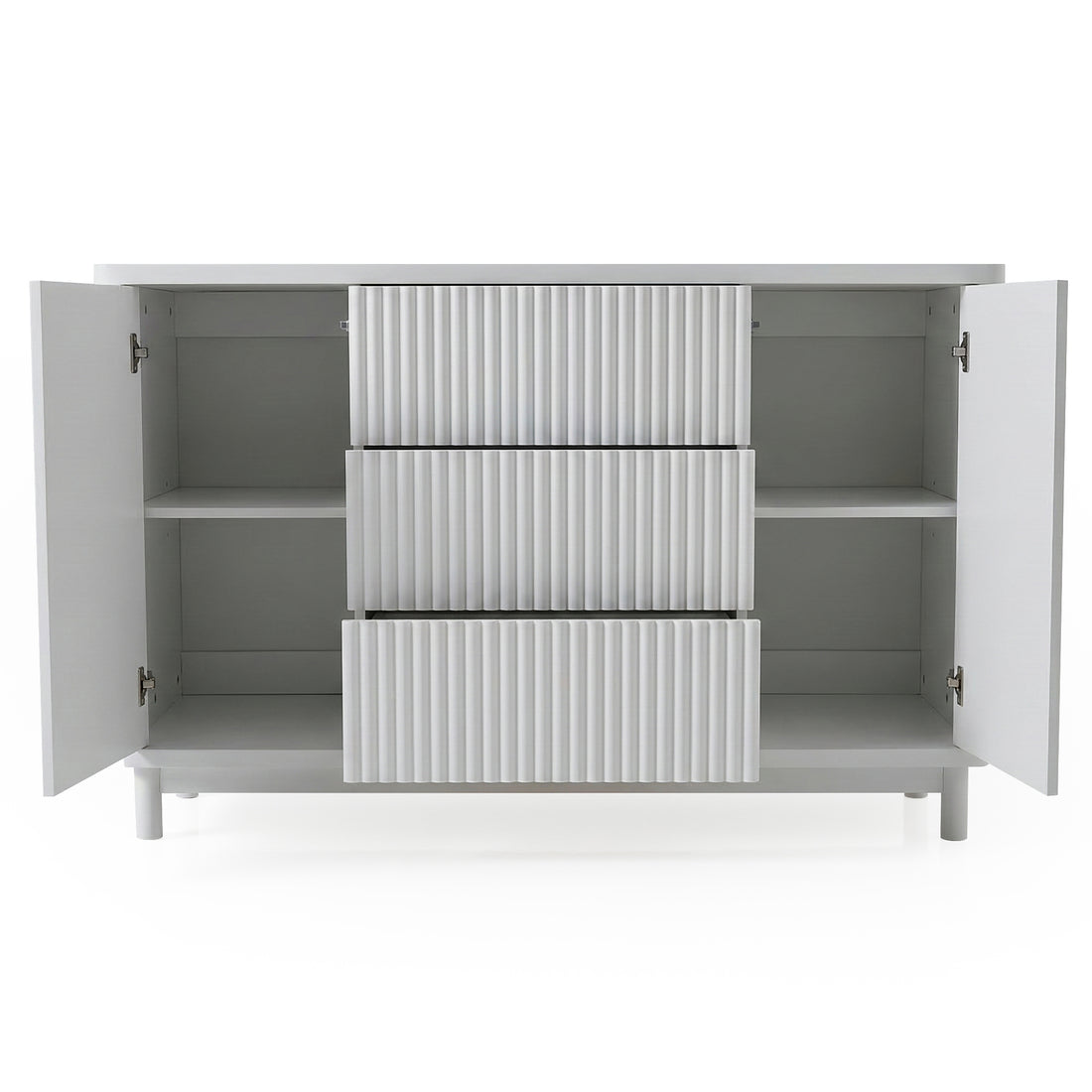White sideboard with open doors and ribbed texture on white background