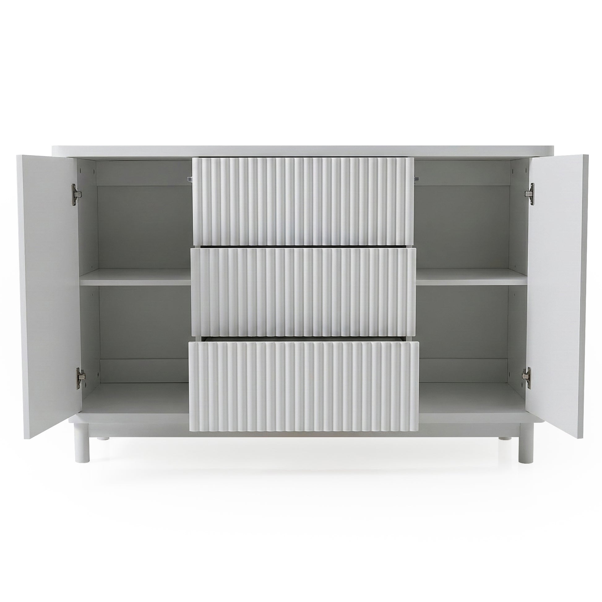 White sideboard with open doors and ribbed texture on white background