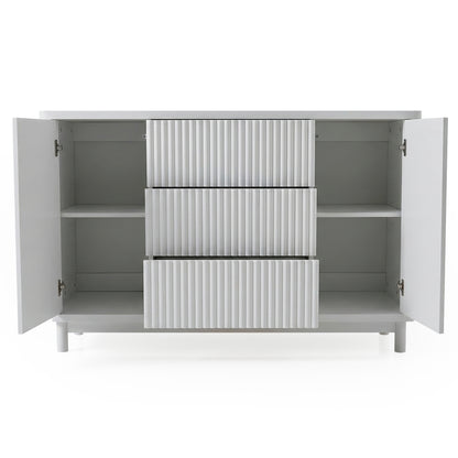 White sideboard with open doors and ribbed texture on white background
