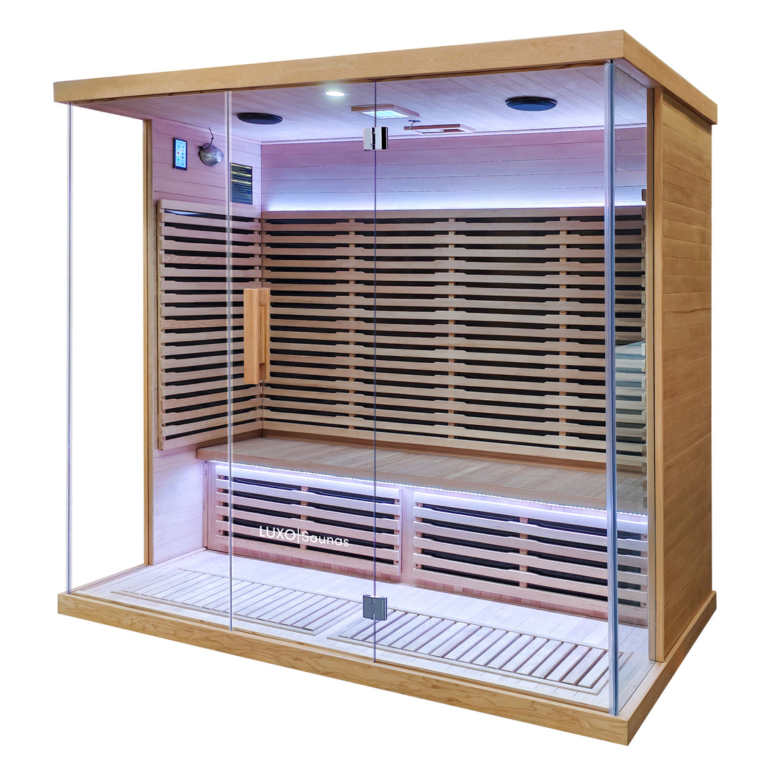 Full modern sauna unit on a white background