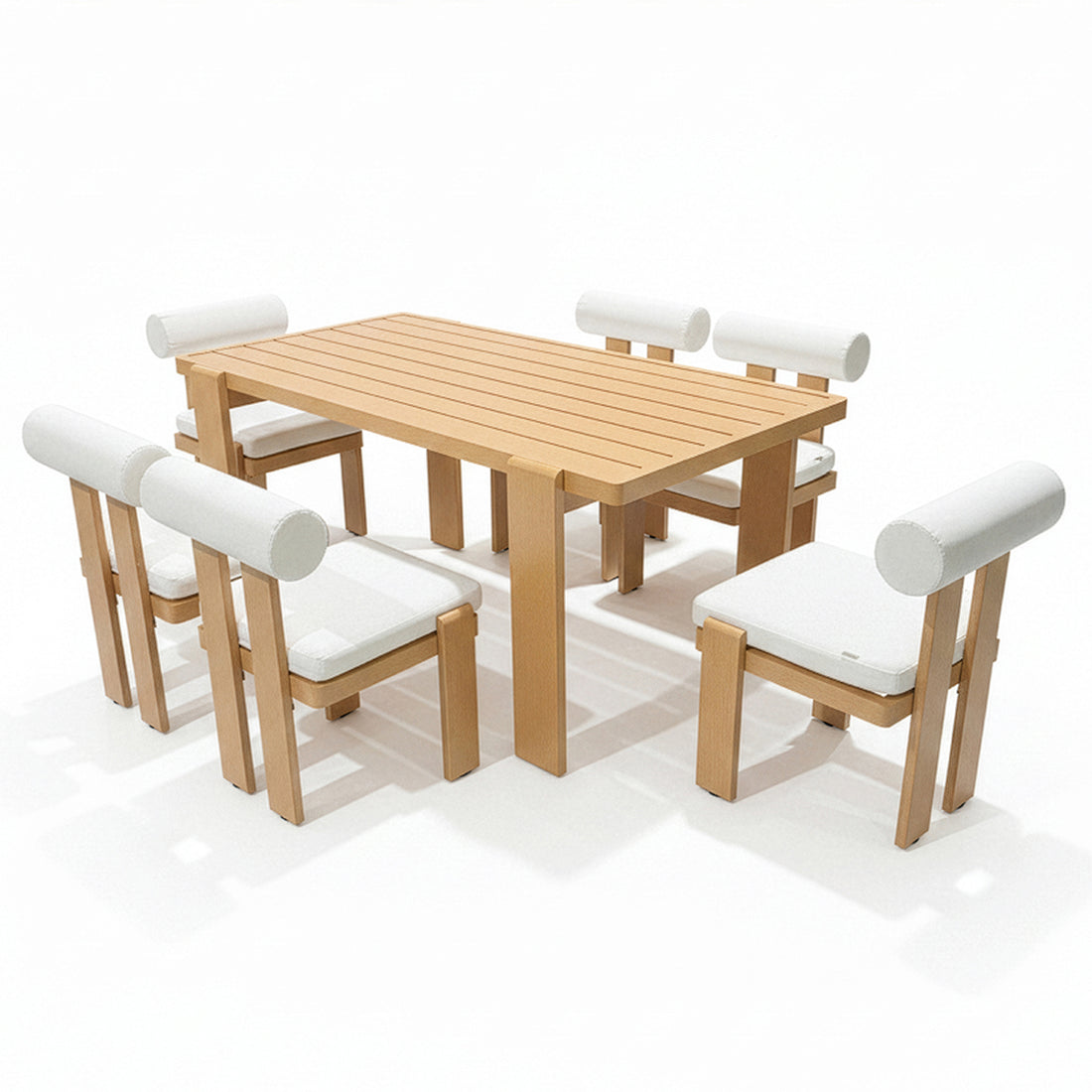 Positano 6 Seater Aluminium Outdoor Dining Set in White features a rectangular wooden table with a slatted top and six wooden chairs, each with white padded seat and bolster-style back cushions.