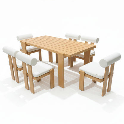 Positano 6 Seater Aluminium Outdoor Dining Set in White features a rectangular wooden table with a slatted top and six wooden chairs, each with white padded seat and bolster-style back cushions.