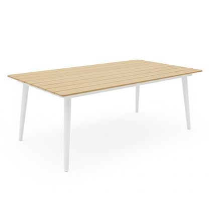 Casara 9 Piece Outdoor Dining Set in White and Beige features a sleek rectangular table with a slatted light-wood tabletop and slender white metal legs, perfect for alfresco dining.