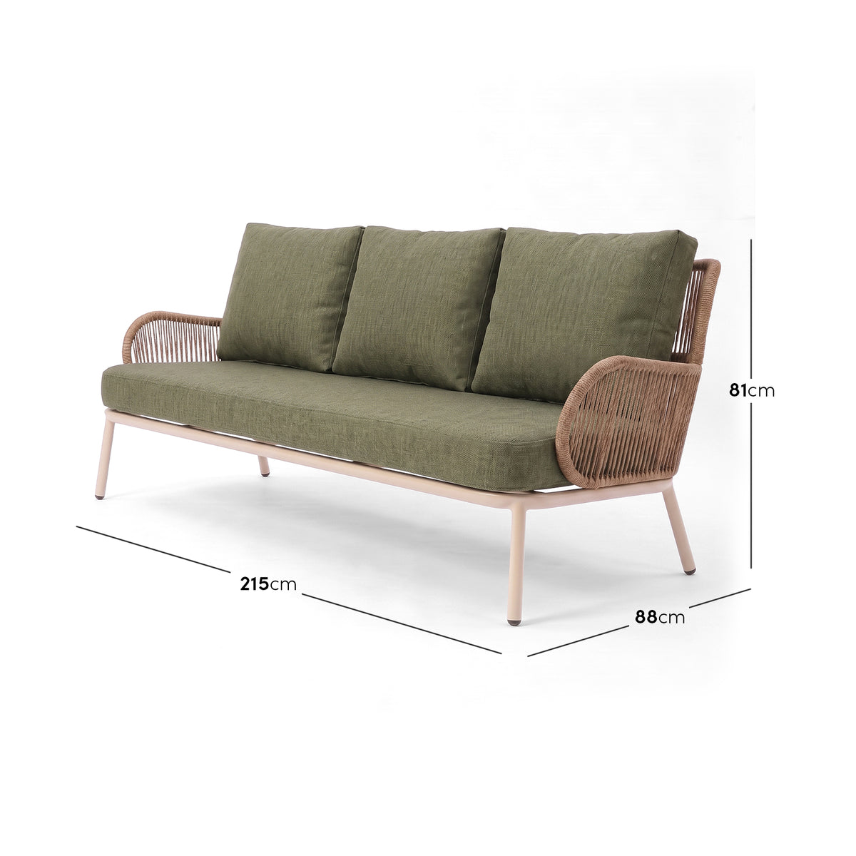 Three-seater sofa on white background with width, height, and depth measurements shown