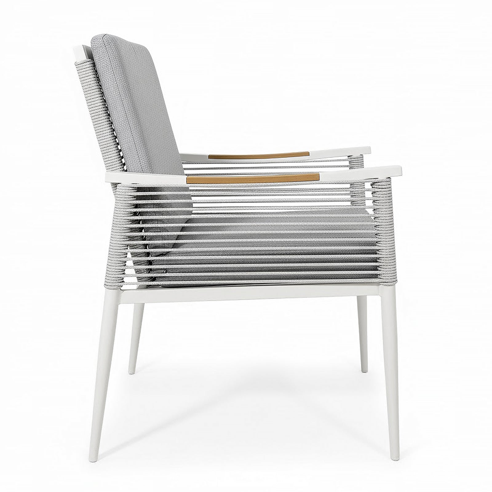 Casara 7 Piece Outdoor Dining Set in White & Grey features a minimalist armchair with a slender white metal frame, rope-wrapped seat, light gray cushions, and teak-accented armrests, perfect for stylish outdoor gatherings.