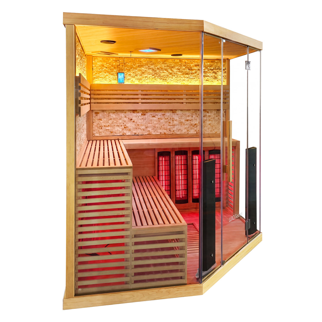 Modern indoor sauna with glass front and warm interior lighting on a white background.