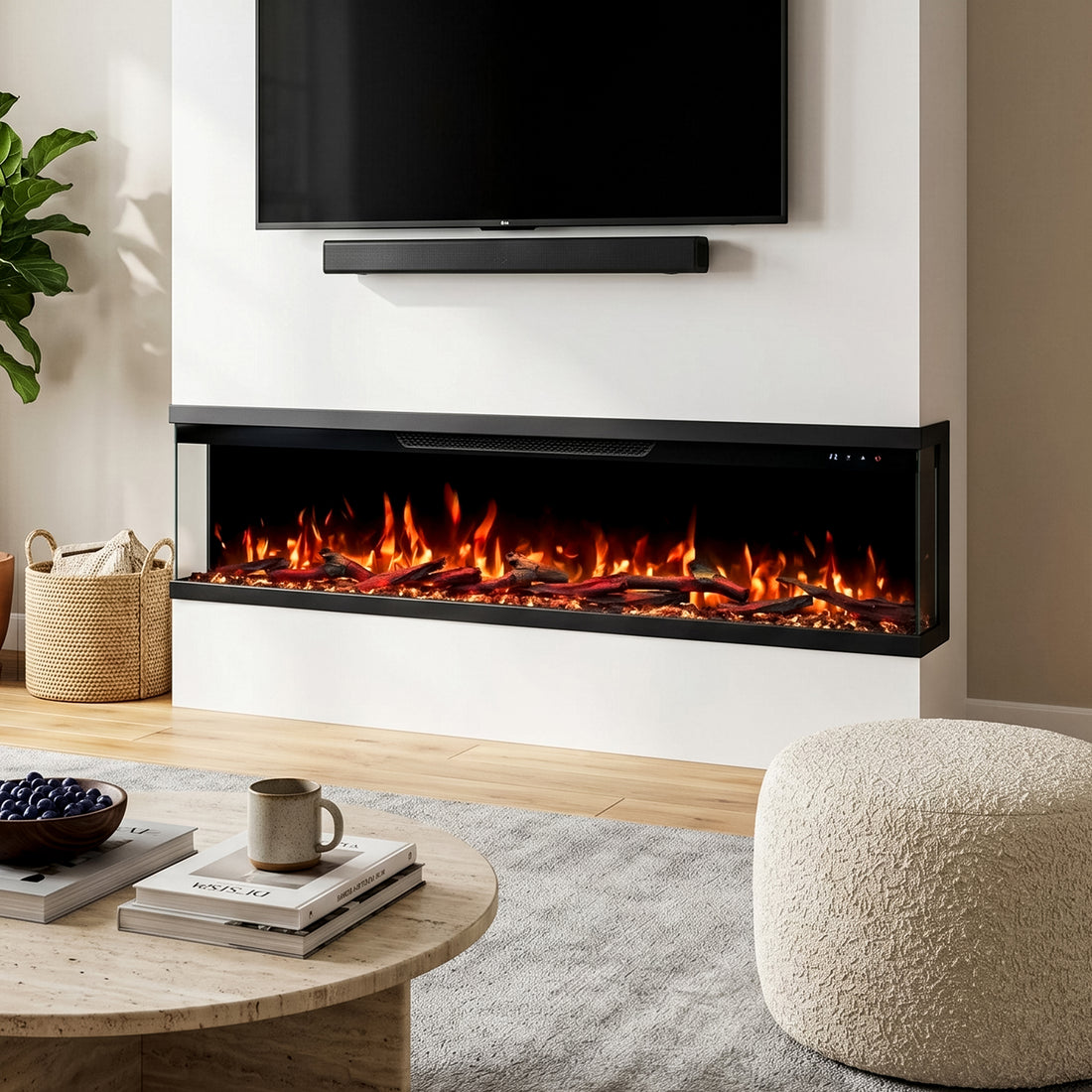 LEFBERIDA electric fireplace built into a white wall in a contemporary living room