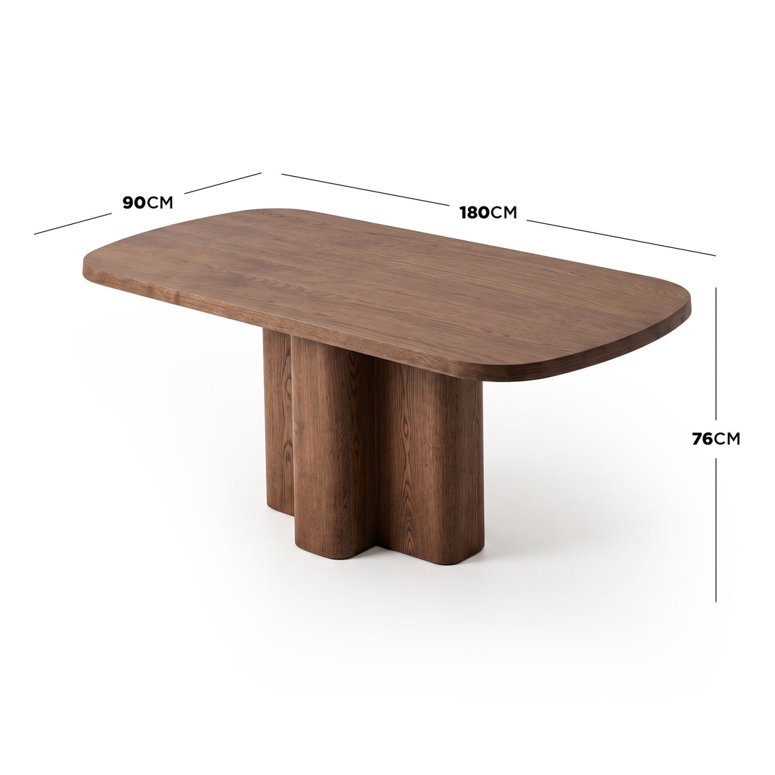 Wooden dining table on white background with dimension labels showing 180cm by 90cm by 76cm.