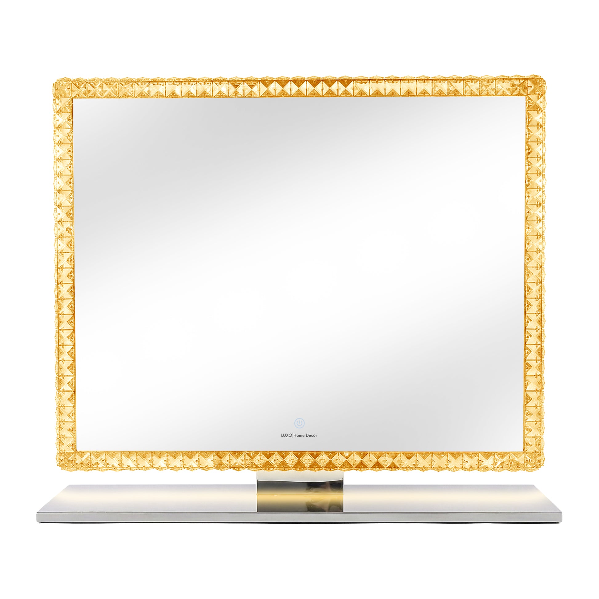 Square mirror with geometric gold frame on white background