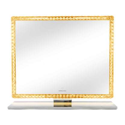 Square mirror with geometric gold frame on white background