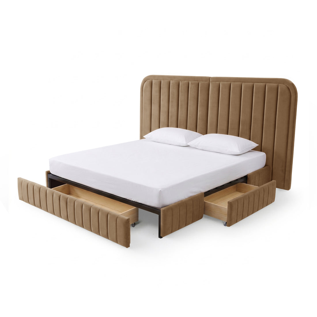 Upholstered bed with built-in storage drawers on white background