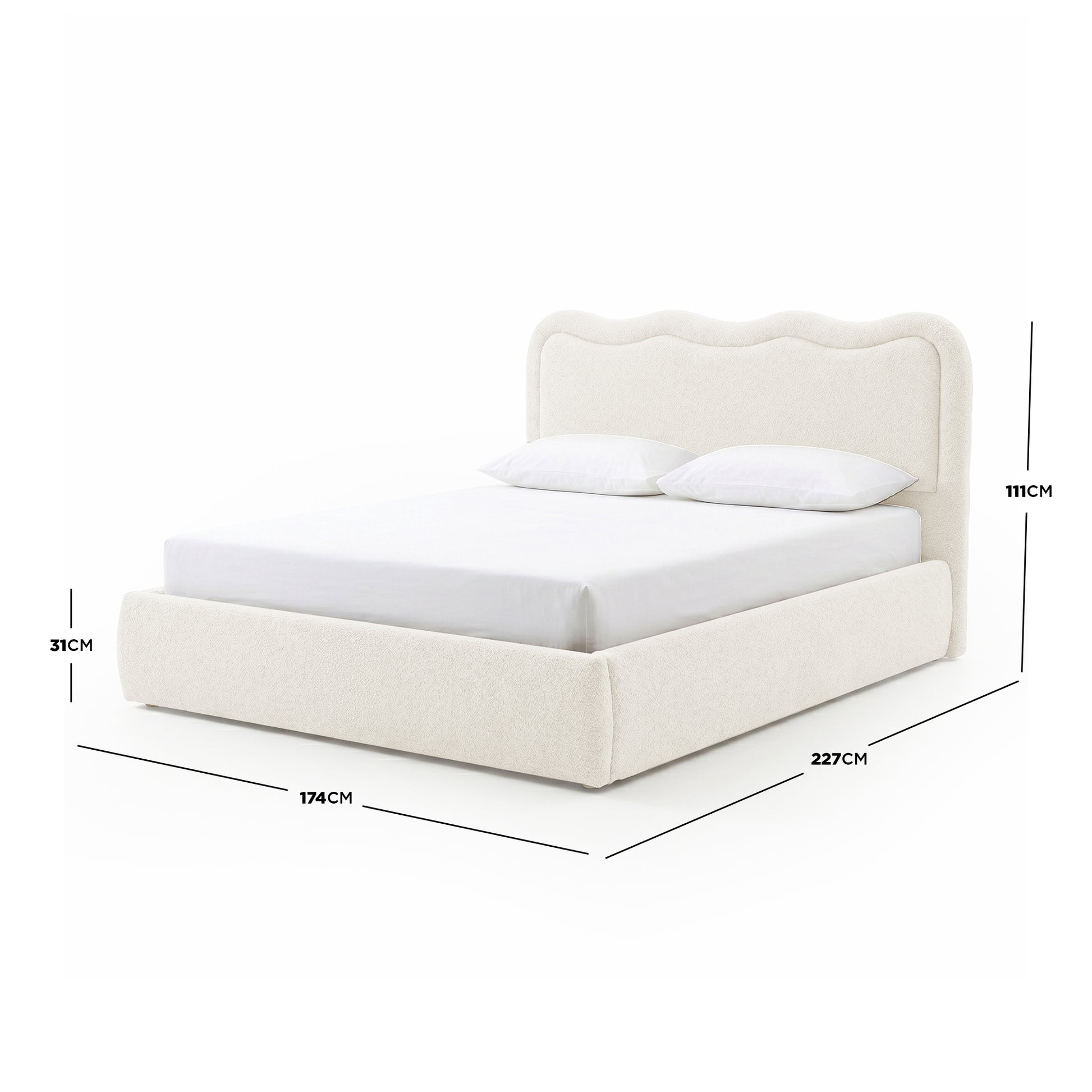 Bed with dimensions on white background