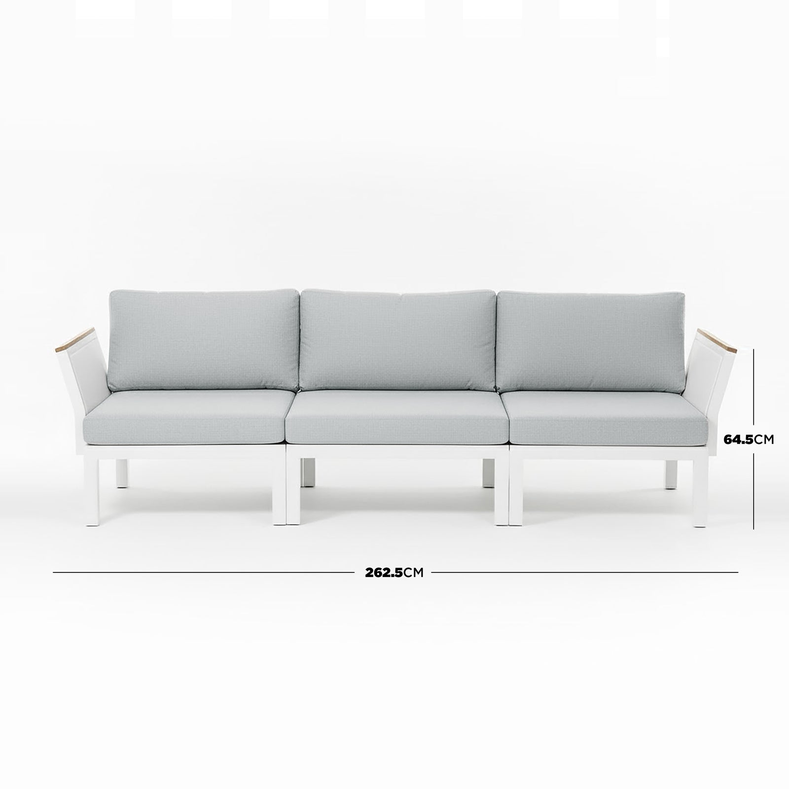 Sierra Outdoor Lounge Set in Grey: Modern three-seat sofa with white metal frame, light-gray cushions, 262.5 cm wide, 64.5 cm back height, designed for outdoor or minimalist indoor use.