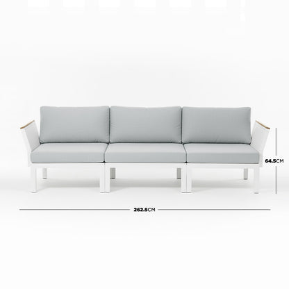 Sierra Outdoor Lounge Set in Grey: Modern three-seat sofa with white metal frame, light-gray cushions, 262.5 cm wide, 64.5 cm back height, designed for outdoor or minimalist indoor use.