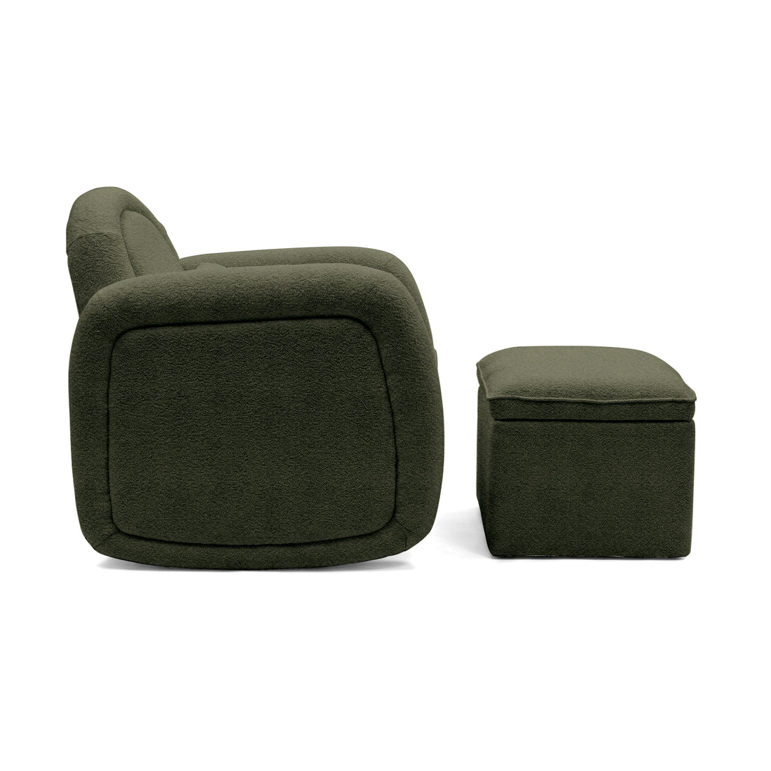 Side view of olive green armchair and ottoman on white background
