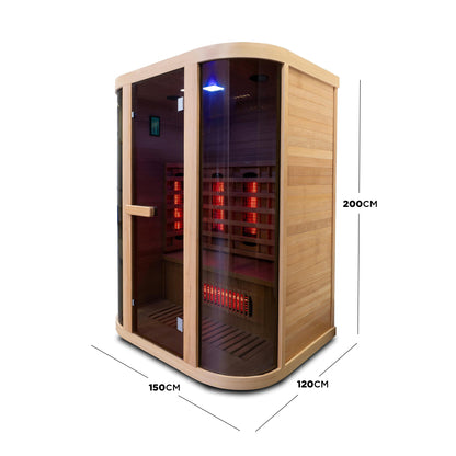 Infrared sauna on white background with dimensions labeled 200 cm by 150 cm by 120 cm