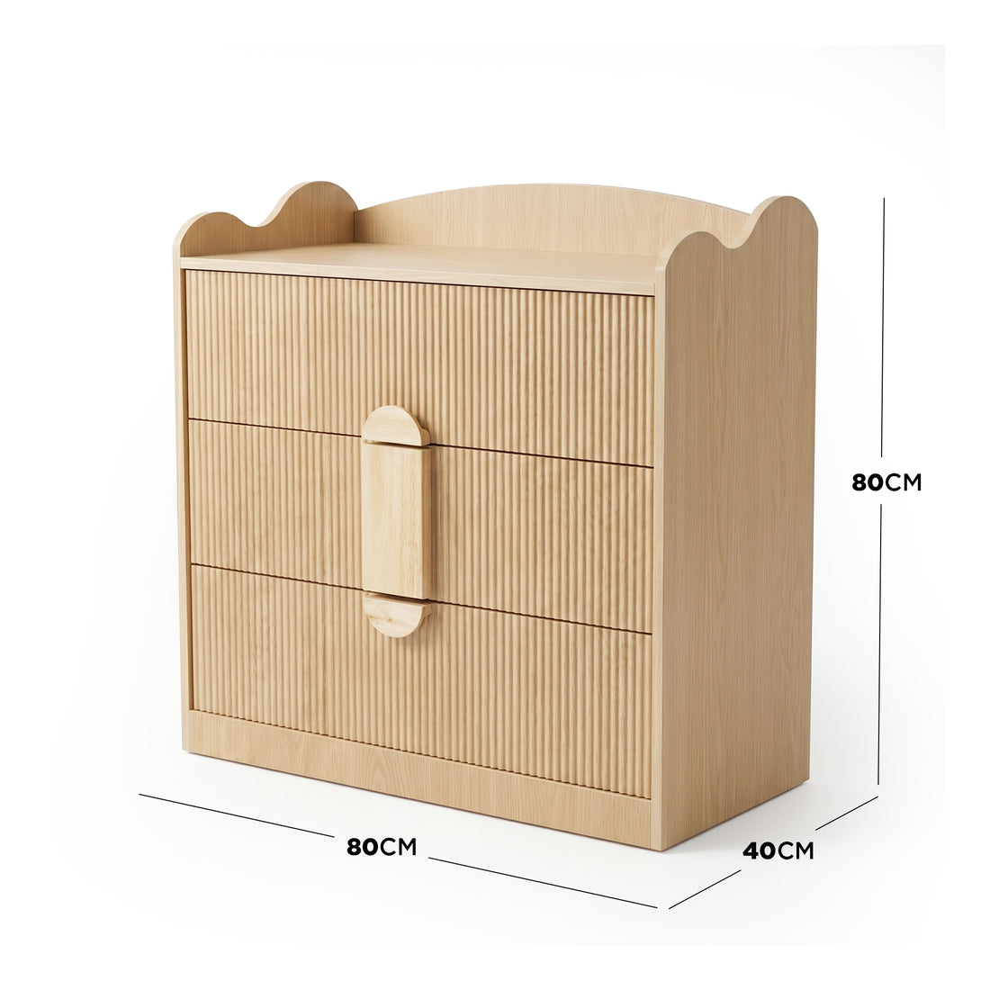 Wood dresser with dimensions labeled 80 cm width, 40 cm depth, 80 cm height