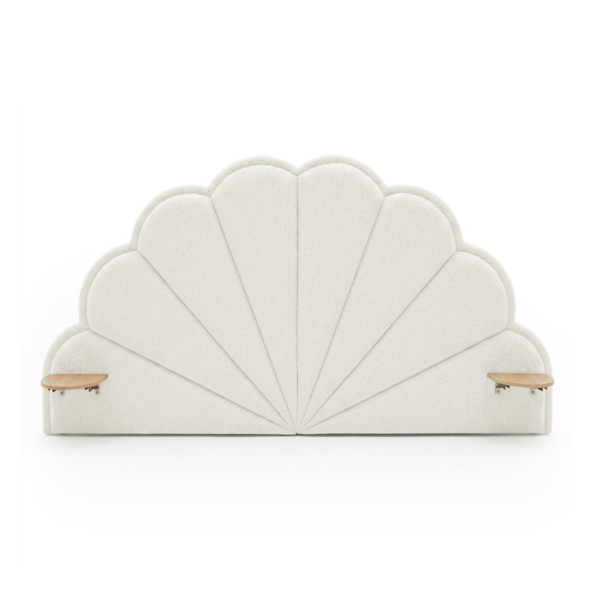Scallop upholstered headboard with wooden floating shelves on white background