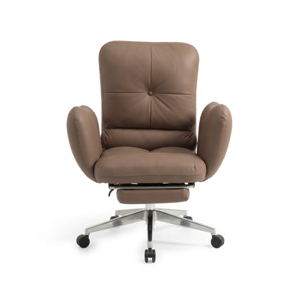 Light brown leather office chair with tufted cushions and chrome swivel base on a white background