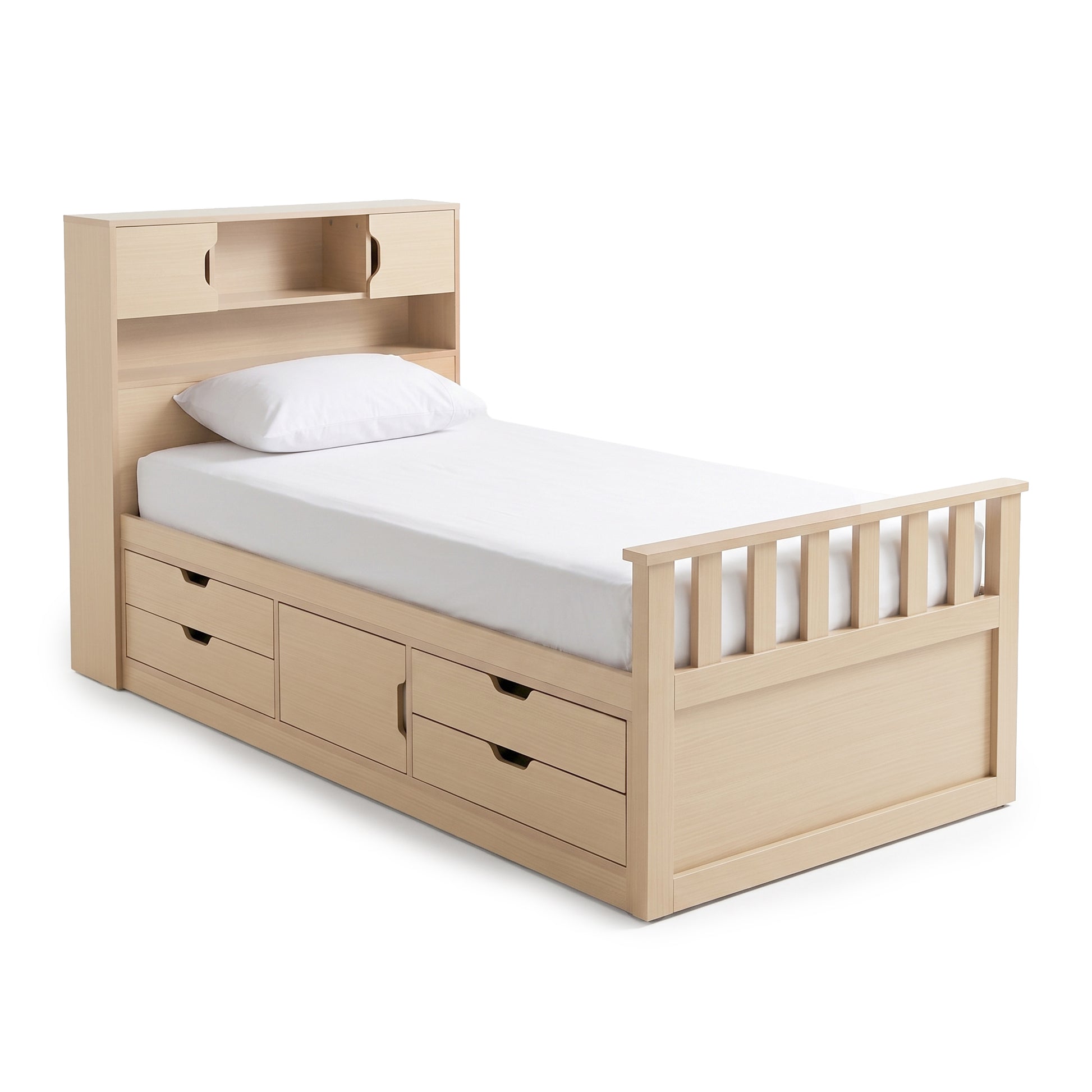 Light wood single bed with headboard shelves and under-bed drawers on a white background