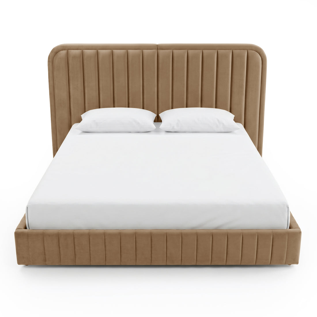 Modern upholstered bed with vertical stitching, mattress, and pillows on a white background