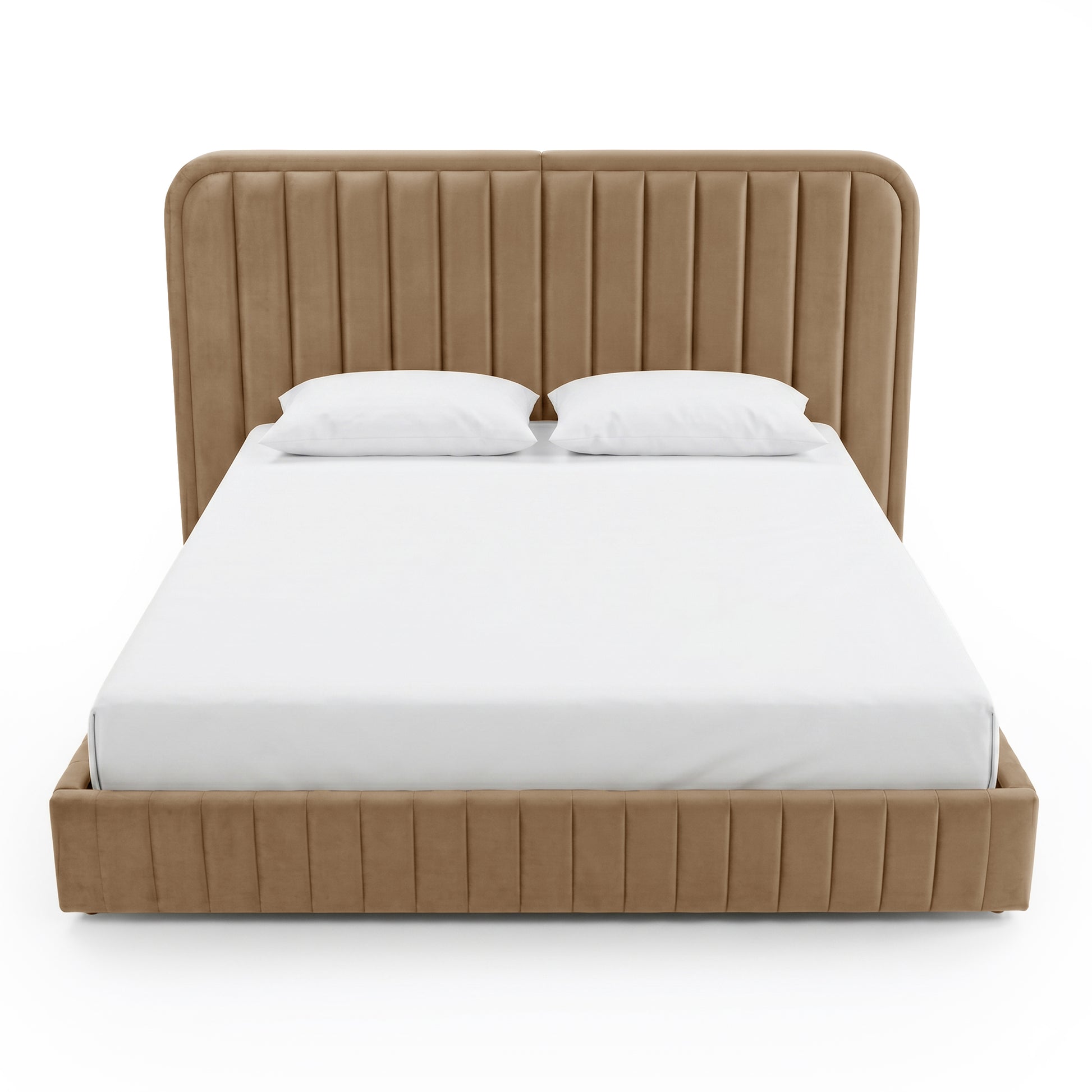 Modern upholstered bed with vertical stitching, mattress, and pillows on a white background