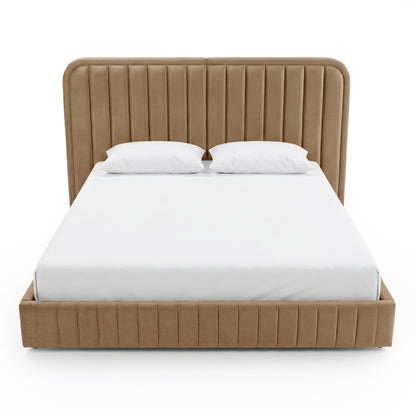 Modern upholstered bed with vertical stitching, mattress, and pillows on a white background
