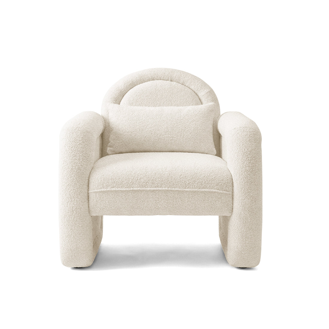 Cream-colored plush armchair with rounded arms on white background