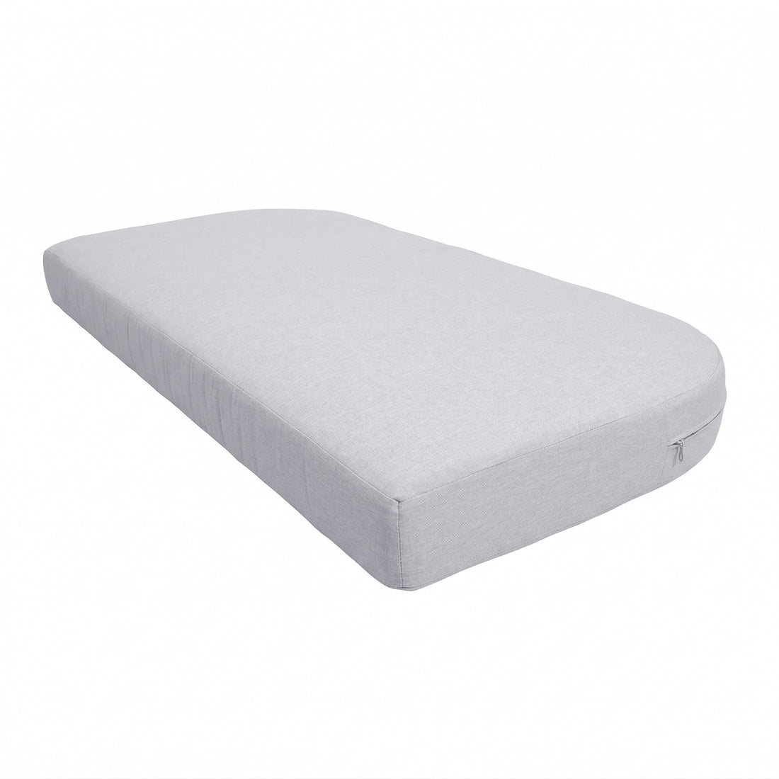 Light grey mattress or cushion with rounded corners on a white background