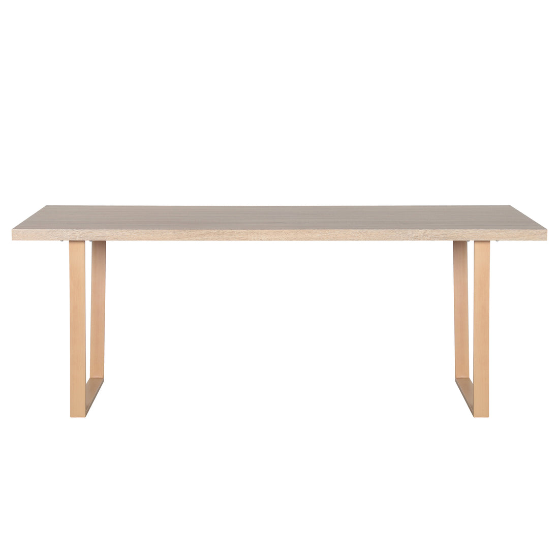 Oregon Dining Table with 8 Florida Chairs Set in Sand, featuring a light wood rectangular tabletop with U-shaped wooden legs, providing a modern, spacious dining experience.