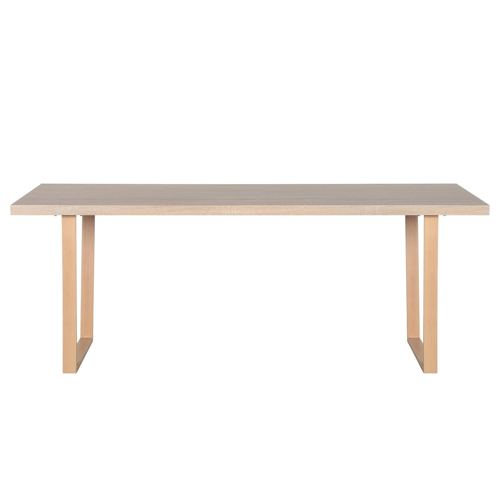 Oregon Dining Table with 8 Florida Chairs Set in Sand, featuring a light wood rectangular tabletop with U-shaped wooden legs, providing a modern, spacious dining experience.