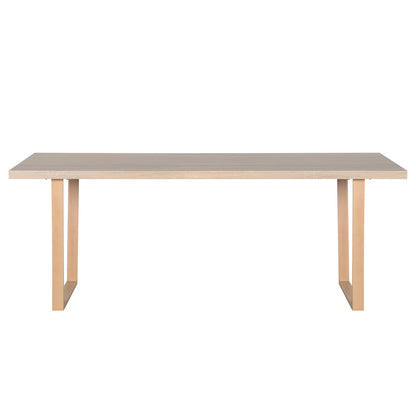Oregon Dining Table with 8 Florida Chairs Set in Sand, featuring a light wood rectangular tabletop with U-shaped wooden legs, providing a modern, spacious dining experience.