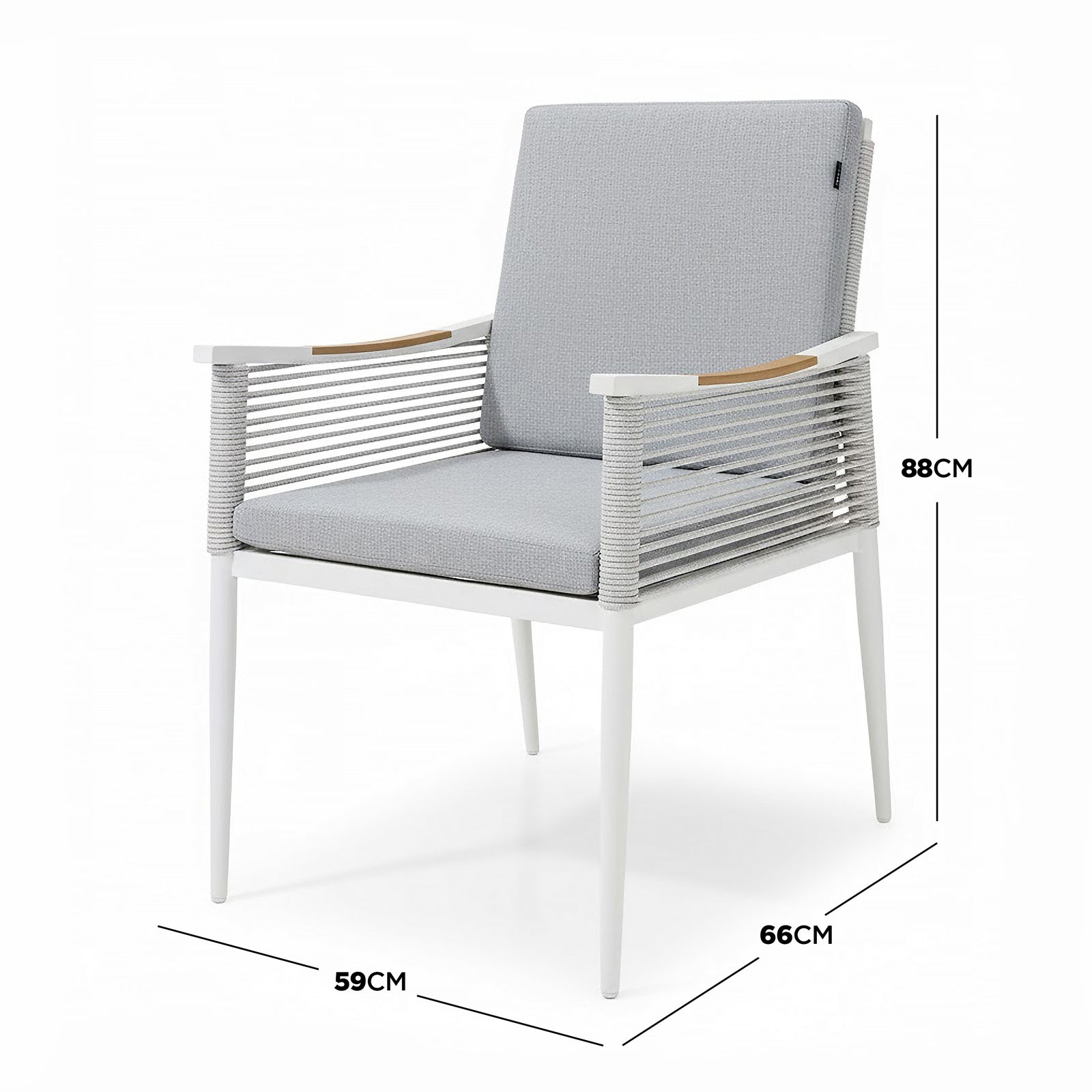 Casara 7 Piece Outdoor Dining Set in White & Grey featuring modern armchairs with powder-coated metal frames, rope detailing, and removable cushions, perfect for stylish and comfortable outdoor dining.