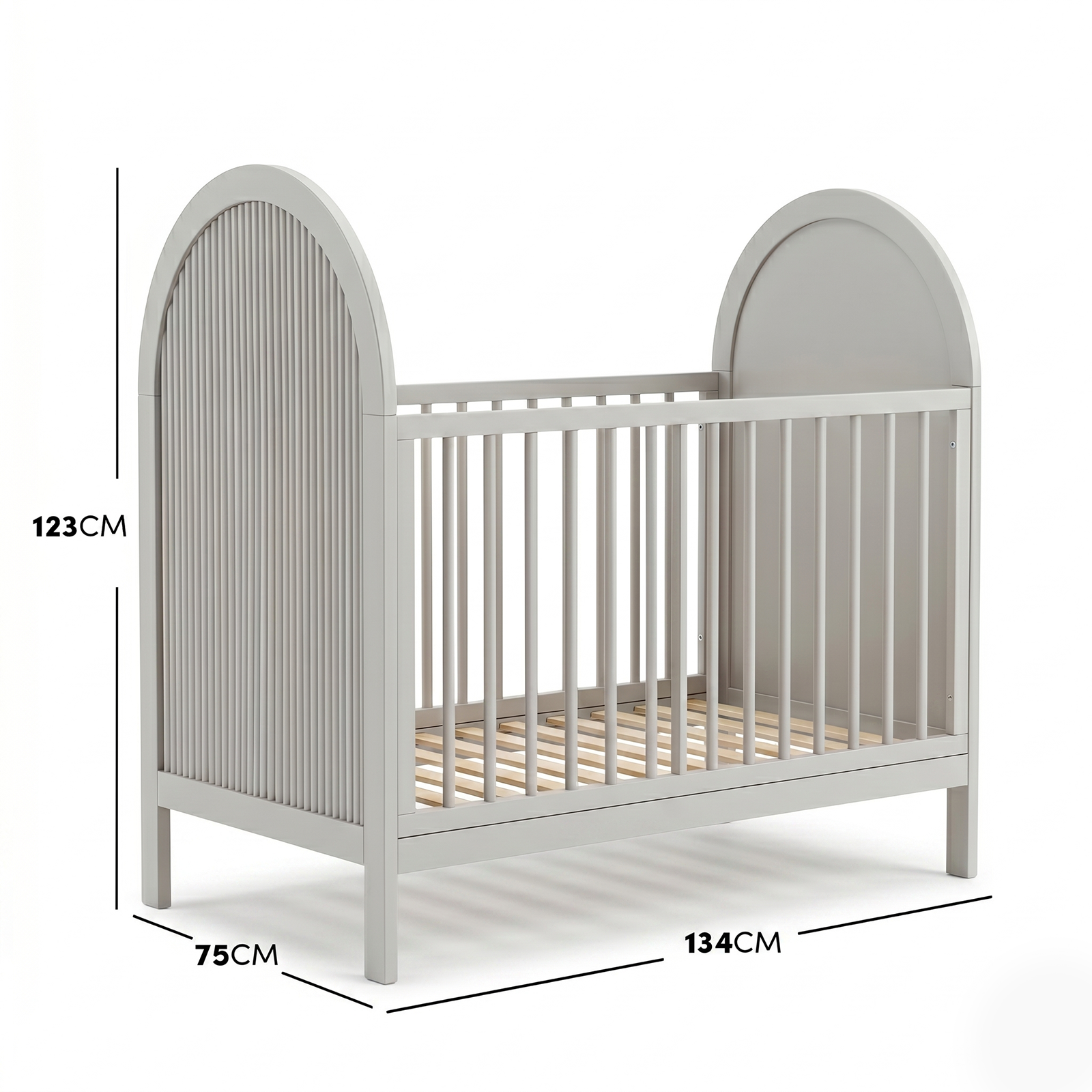 Grey crib with dimension lines and measurements on white background